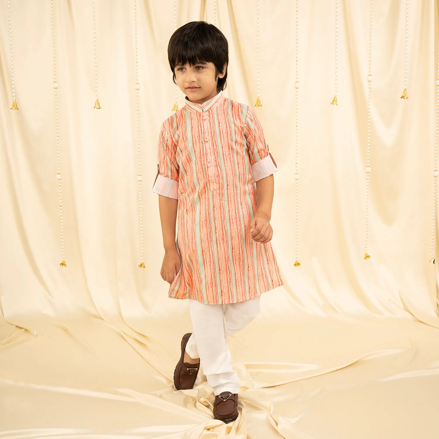 Ministitch full sleeves printed kurta and pyjama set for boys - White, Seagreen, Orange
