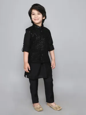 Ministitch Kurta set with woven embriodered sequence button up jacket- Black