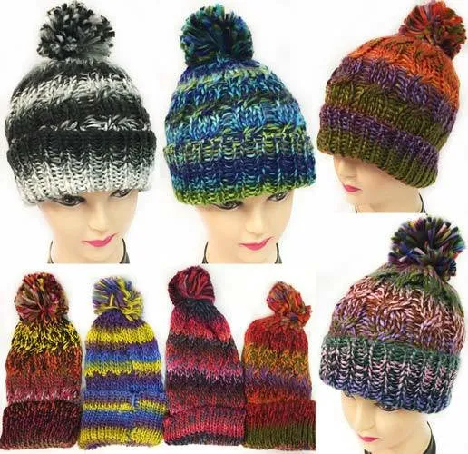 multicolor winter knitted hat with pompom Case of 24