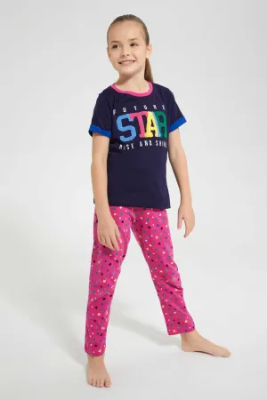 Navy And Pink Star Print Pyjama Set (2 Piece)