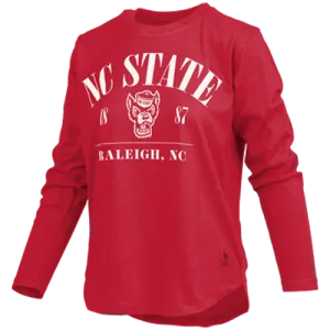 NC State Wolfpack Women's Red Wolfhead Hangleton Rounded Bottom Long Sleeve T-Shirt