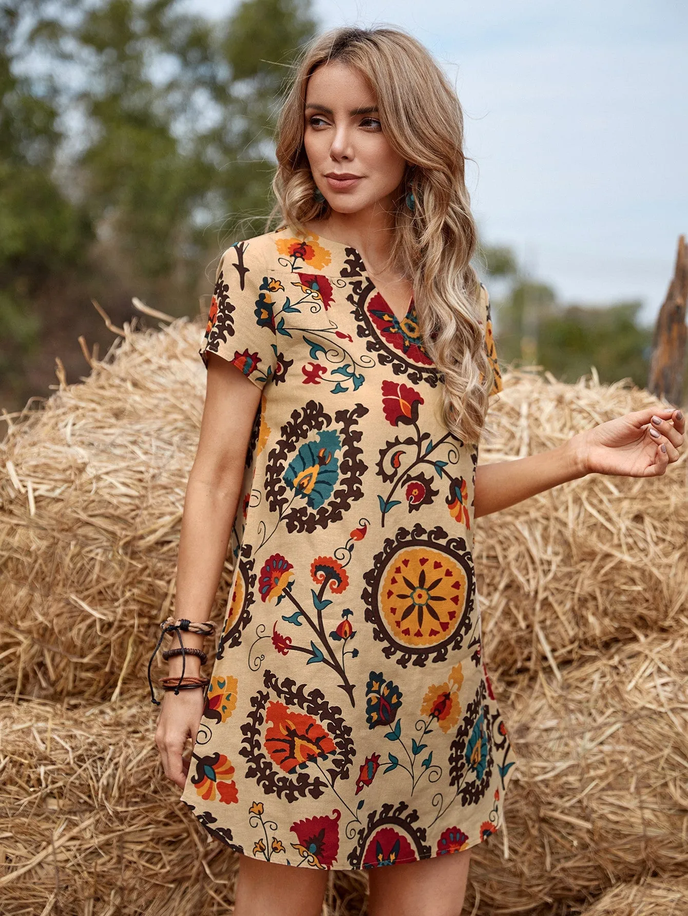 Notched Neck Floral Print Tunic Dress
