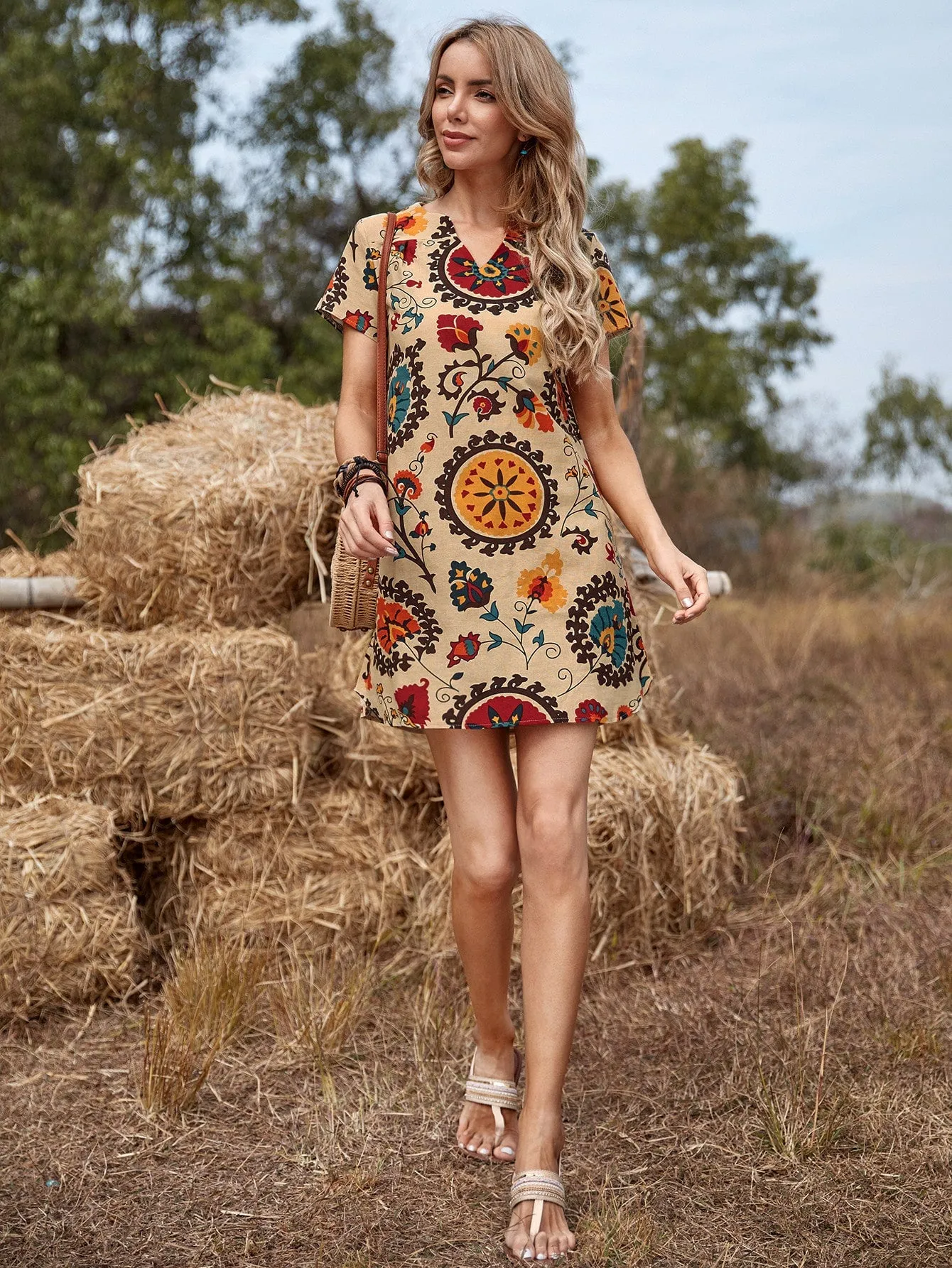 Notched Neck Floral Print Tunic Dress