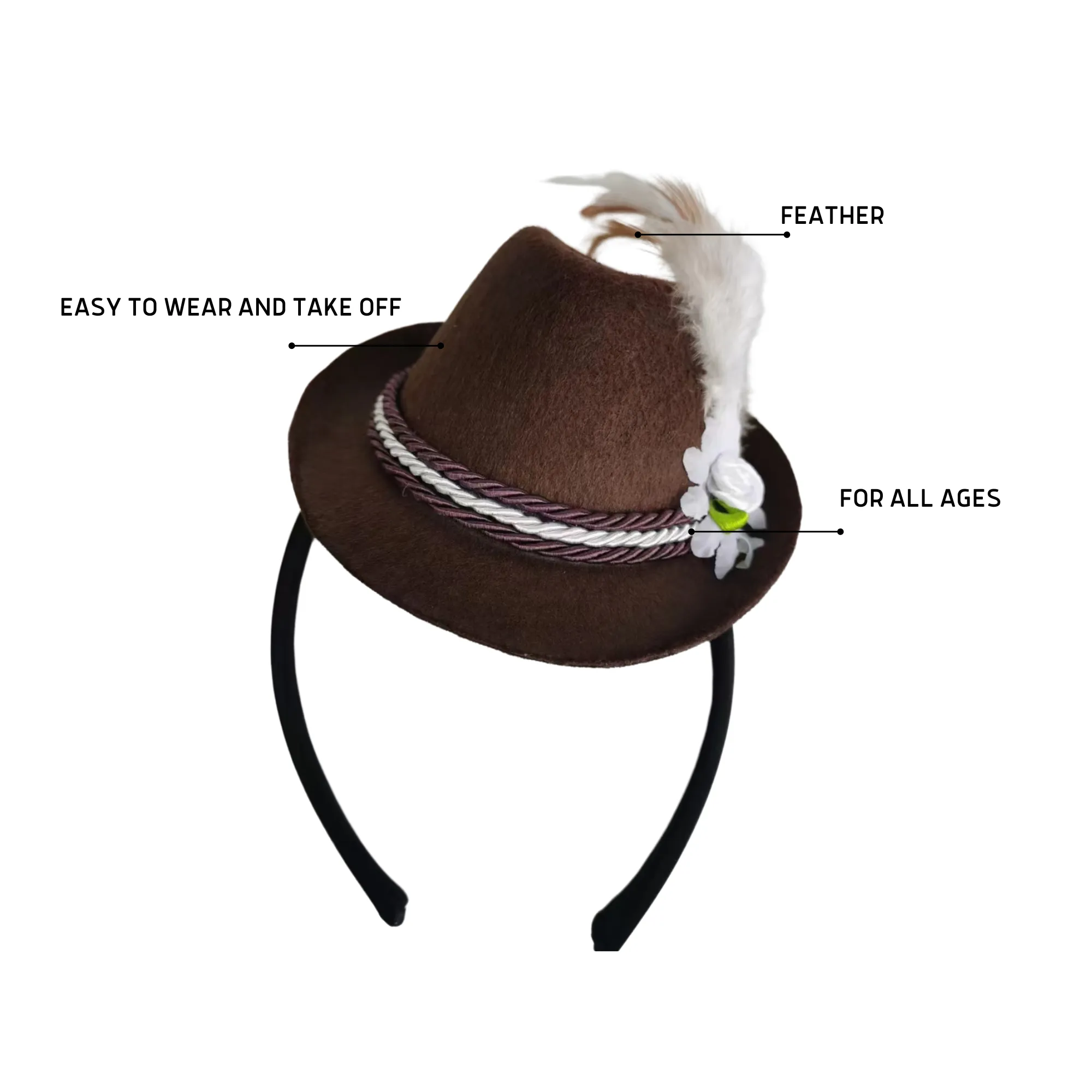 Oktoberfest German Costume Accessory Mini Brown Fedora Felt Hat Headband