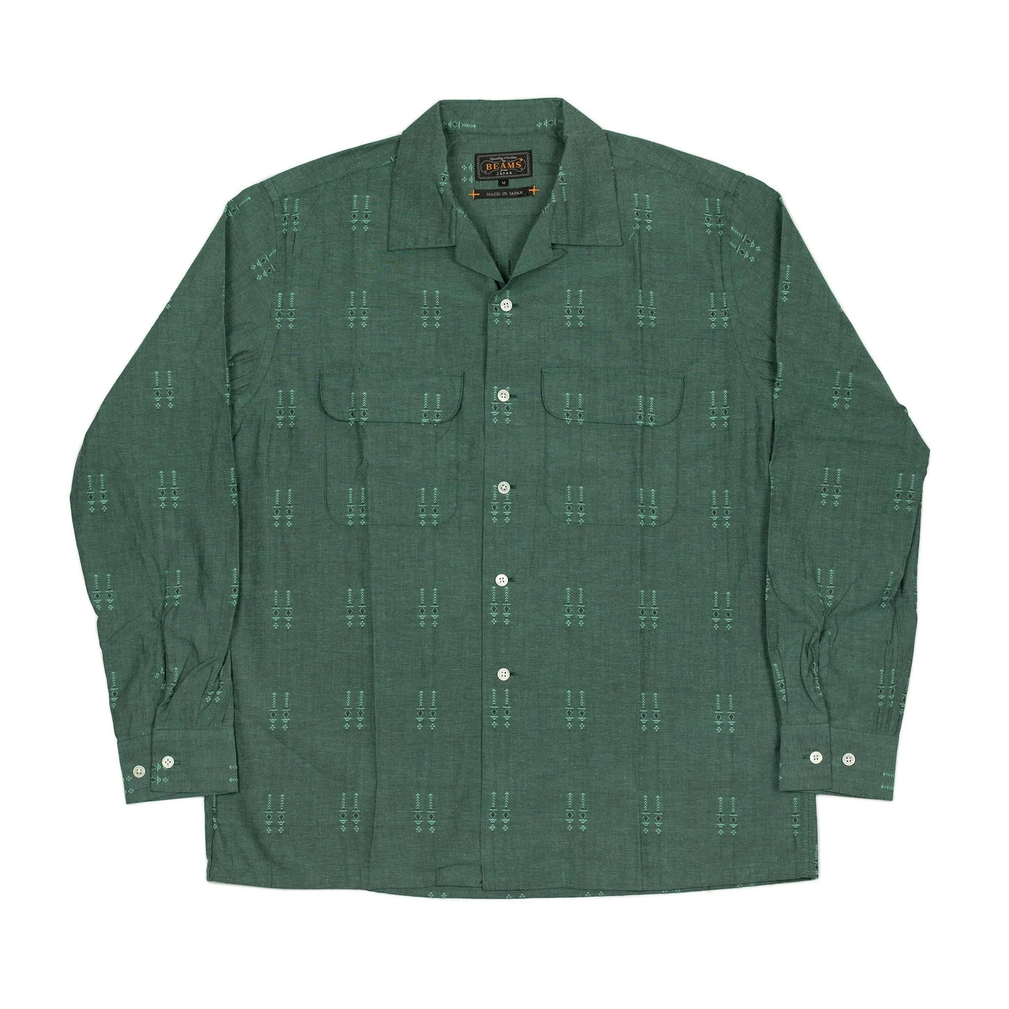 Open collar long sleeve shirt in green jacquard chambray