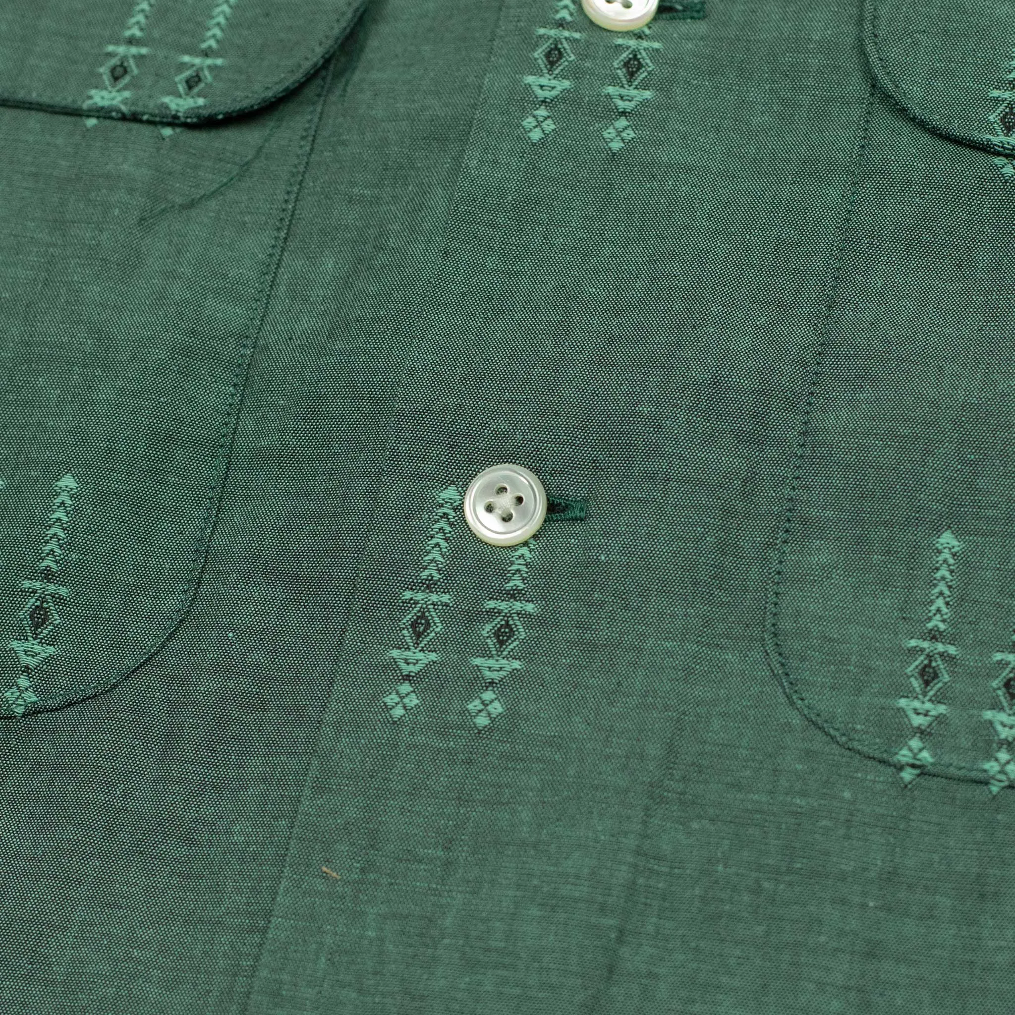 Open collar long sleeve shirt in green jacquard chambray