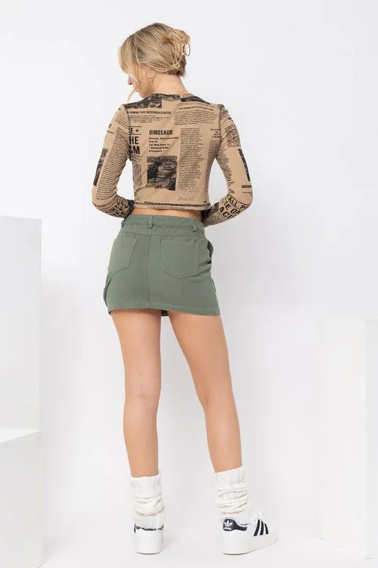 Page Six Newspaper Print Long Sleeve Knit Crop Top