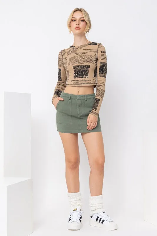 Page Six Newspaper Print Long Sleeve Knit Crop Top
