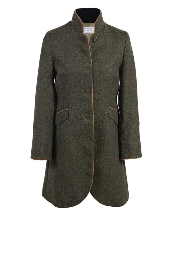 Panache | Green Herringbone Coat with tan trim