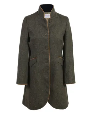Panache | Green Herringbone Coat with tan trim