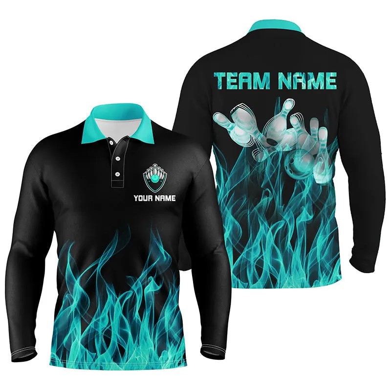 Personalized Men Long Sleeve Polo Bowling Shirt Multicolor Flame Bowling Ball And Pins Bowling Jerseys For Men Bowler