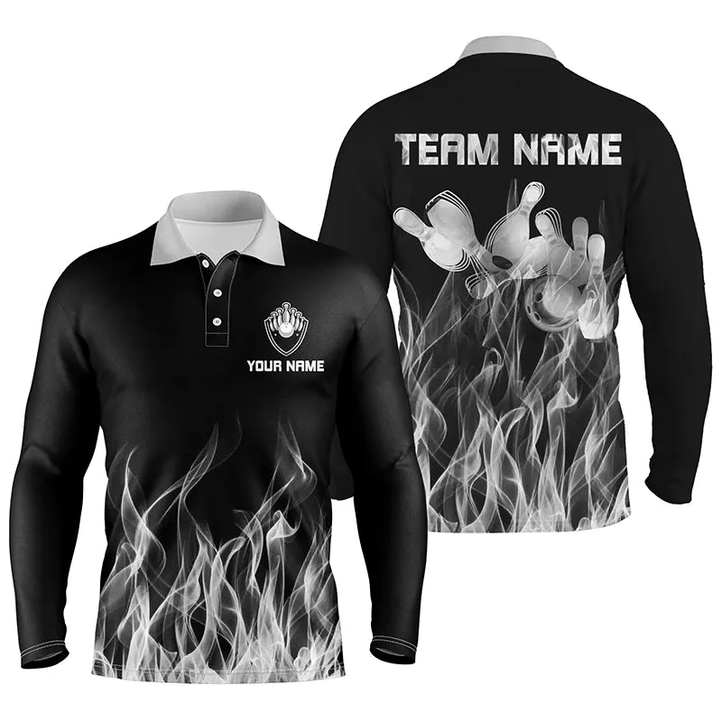 Personalized Men Long Sleeve Polo Bowling Shirt Multicolor Flame Bowling Ball And Pins Bowling Jerseys For Men Bowler