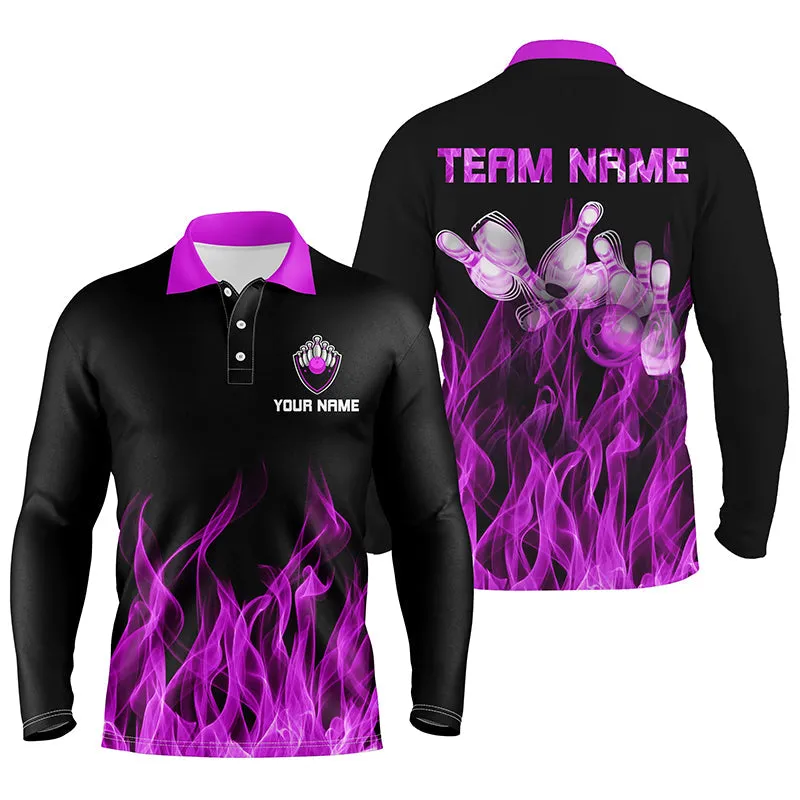 Personalized Men Long Sleeve Polo Bowling Shirt Orange Flame Bowling Ball And Pins Bowling Jerseys For Men Bowler