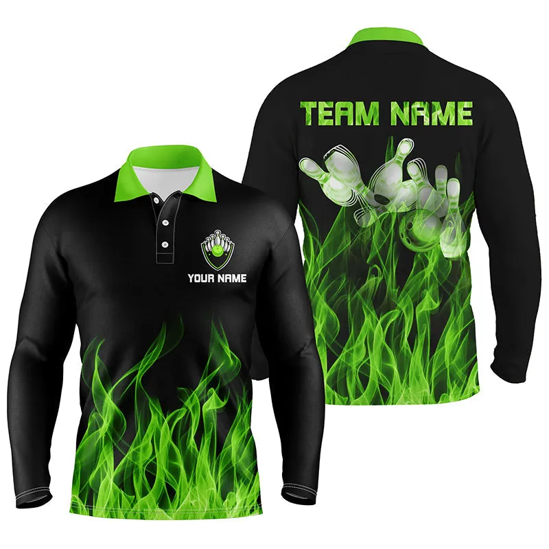 Personalized Men Long Sleeve Polo Bowling Shirt Orange Flame Bowling Ball And Pins Bowling Jerseys For Men Bowler