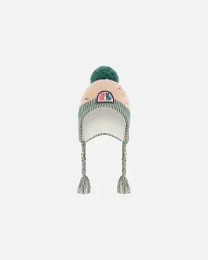 Peruvian Knit Hat Light Pink, Sage Green And Flowers