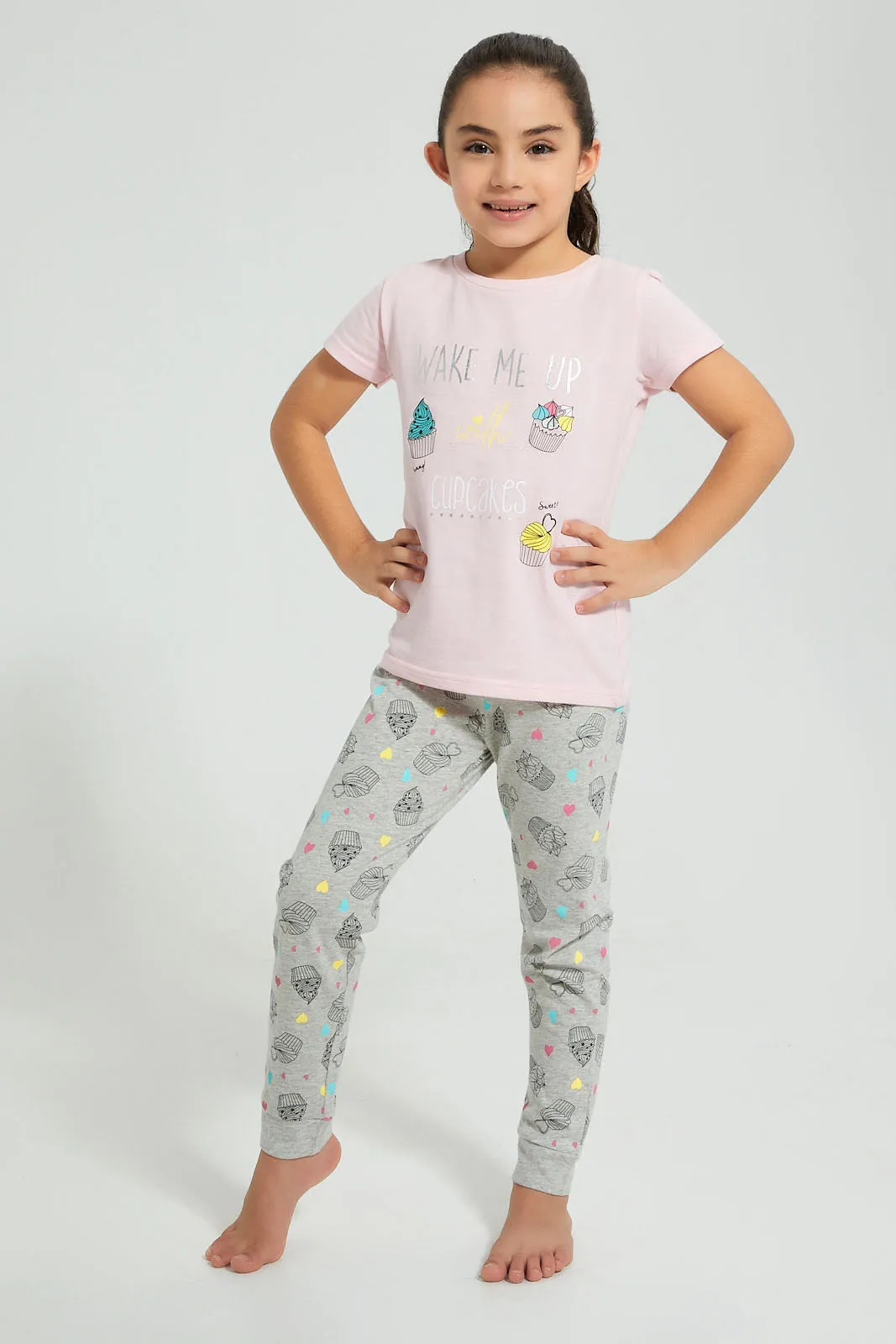 Pink And Grey Cupcake Pyjama Set (2 Piece)