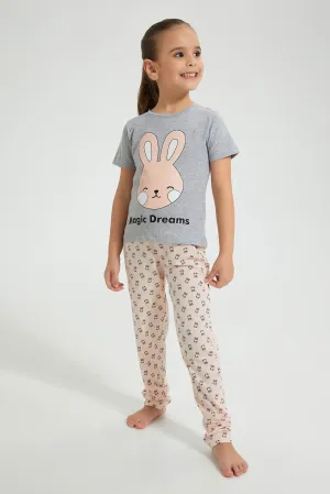 Pink And Grey Rabbit Pyjama Set (2 Piece)