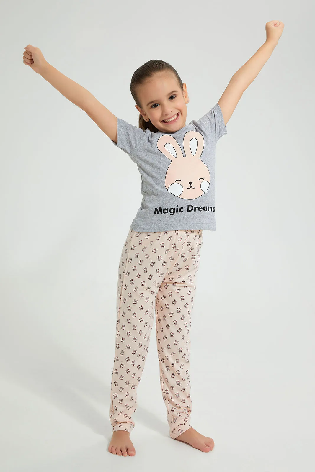 Pink And Grey Rabbit Pyjama Set (2 Piece)