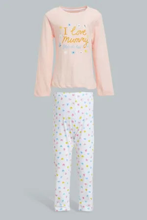Pink Heart Printed Pyjama Set For Infant Girls (2 Piece)