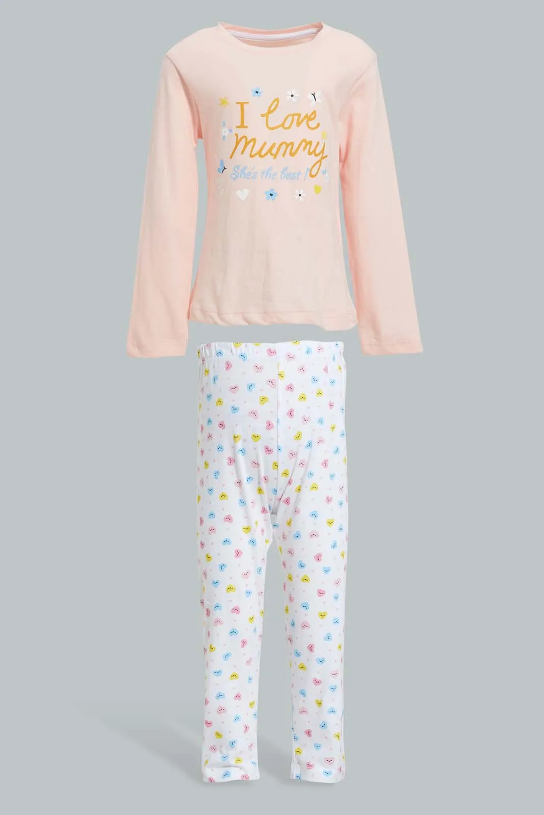 Pink Heart Printed Pyjama Set For Infant Girls (2 Piece)