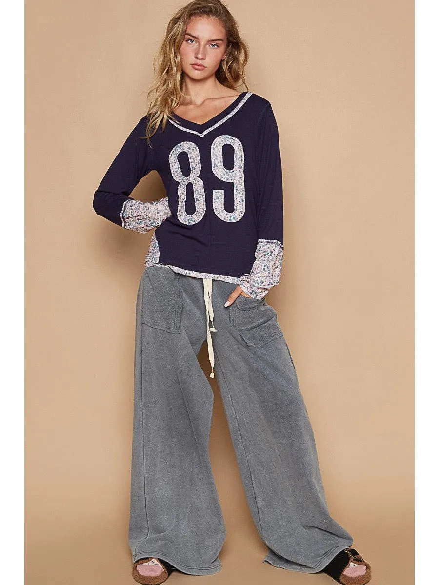 POL V-Neck Long Sleeve Floral Number Patch T-Shirt