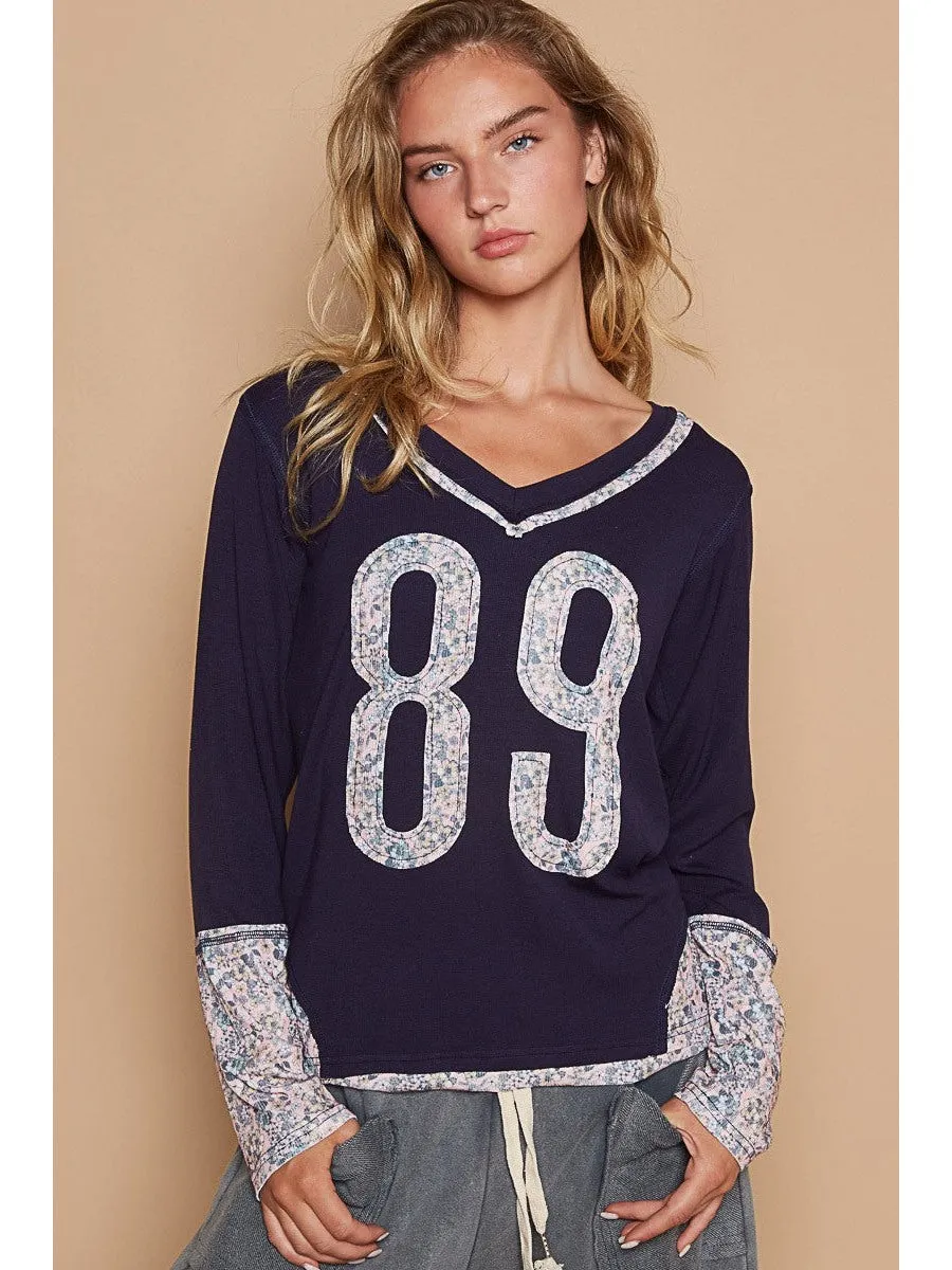 POL V-Neck Long Sleeve Floral Number Patch T-Shirt