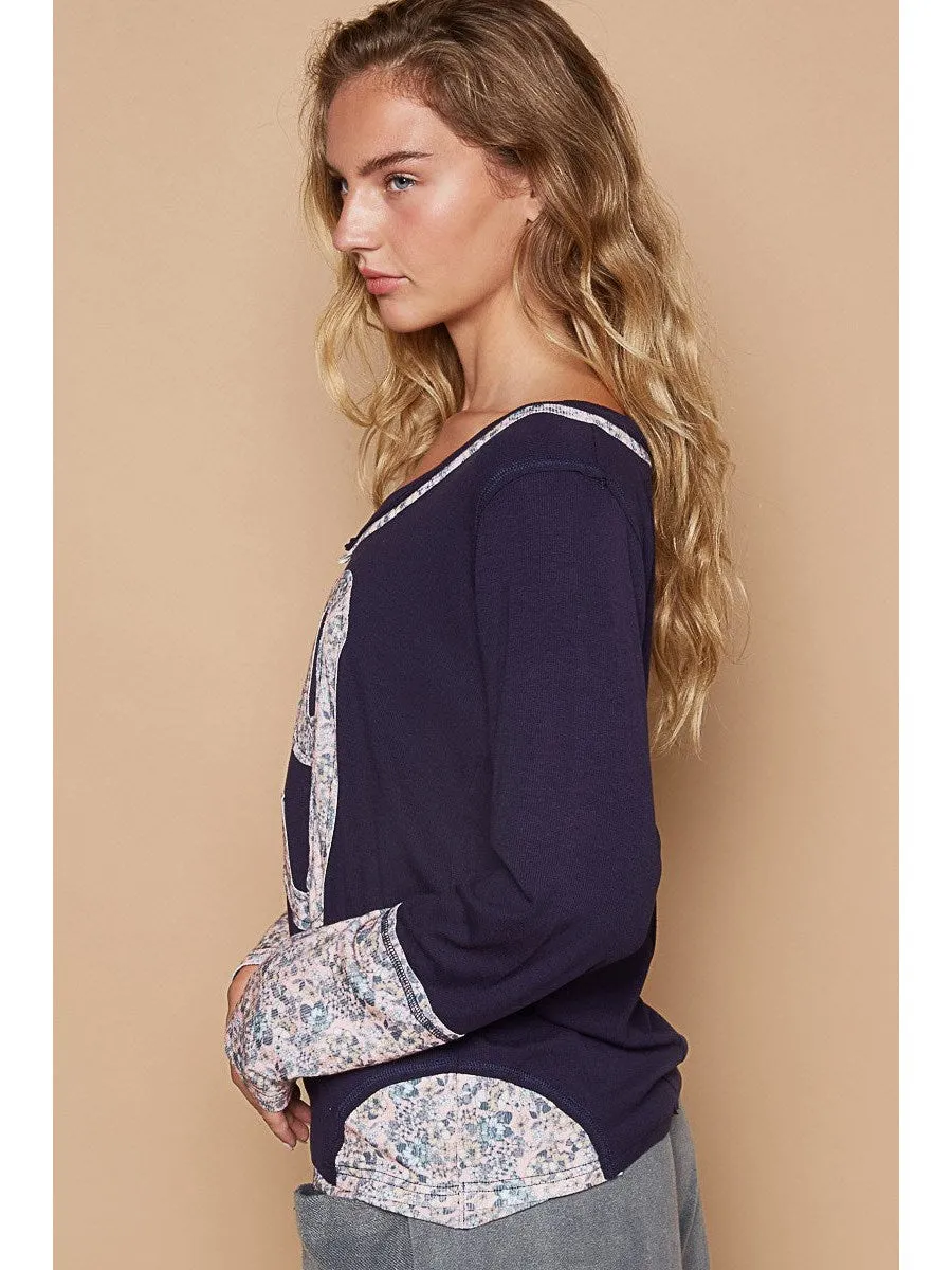 POL V-Neck Long Sleeve Floral Number Patch T-Shirt