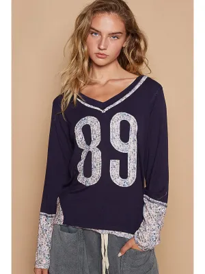 POL V-Neck Long Sleeve Floral Number Patch T-Shirt