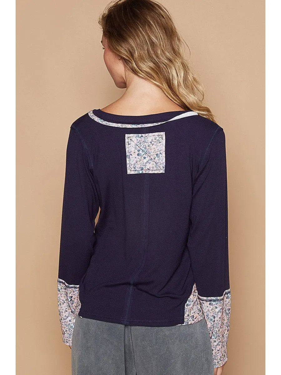 POL V-Neck Long Sleeve Floral Number Patch T-Shirt