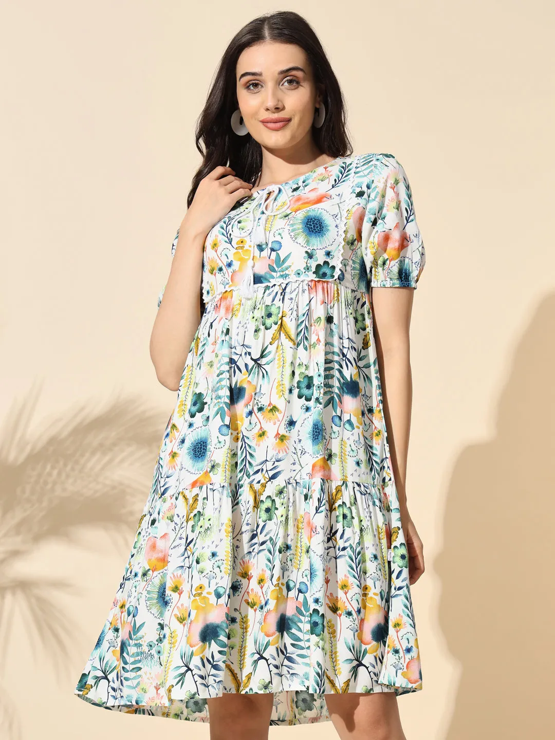 Printed Viscose Tunic With Tassel and Cotton Lace-#TU012- White