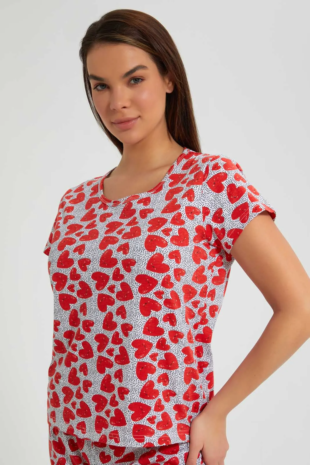 Red And White Heart Pyjama Set (2 Piece)