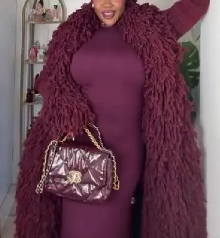 Red Fur Fringed Knit Coat