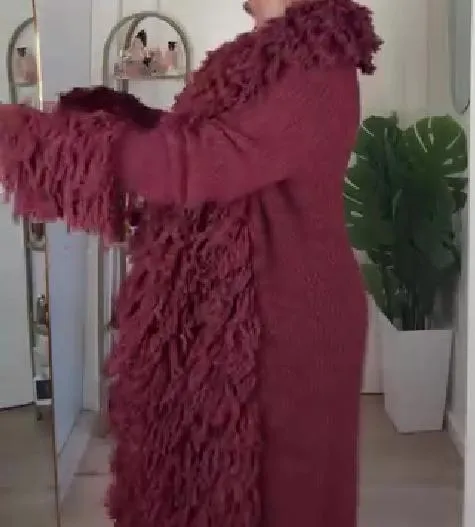 Red Fur Fringed Knit Coat