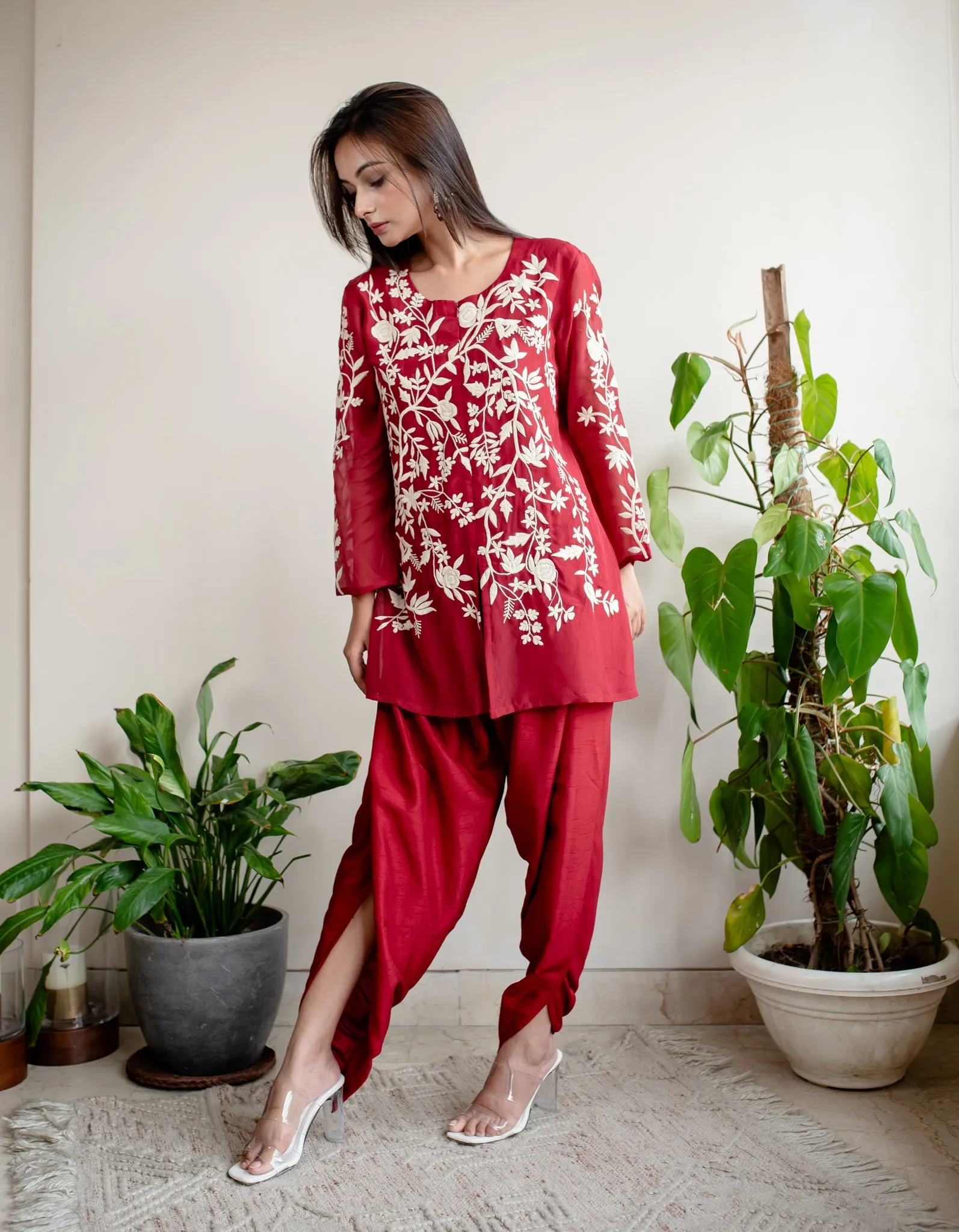 Red Organza Parsi Embroidery Tunic & Dhoti Pant Co-Ord Set