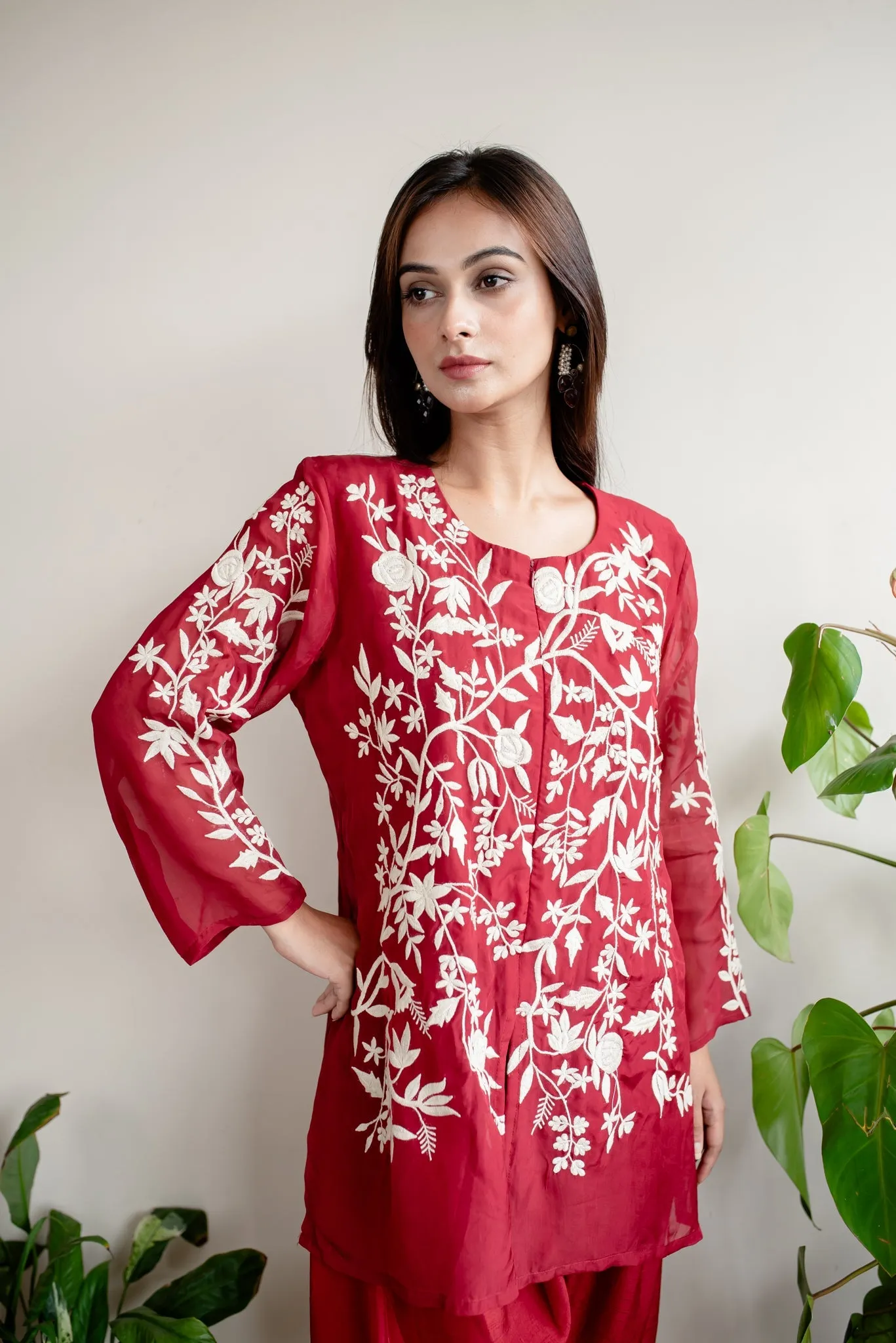 Red Organza Parsi Embroidery Tunic & Dhoti Pant Co-Ord Set