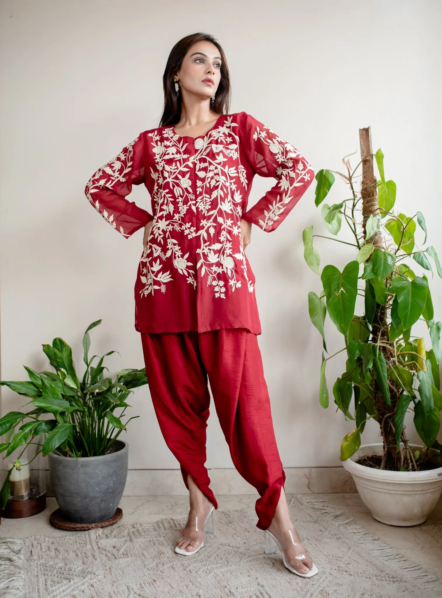 Red Organza Parsi Embroidery Tunic & Dhoti Pant Co-Ord Set
