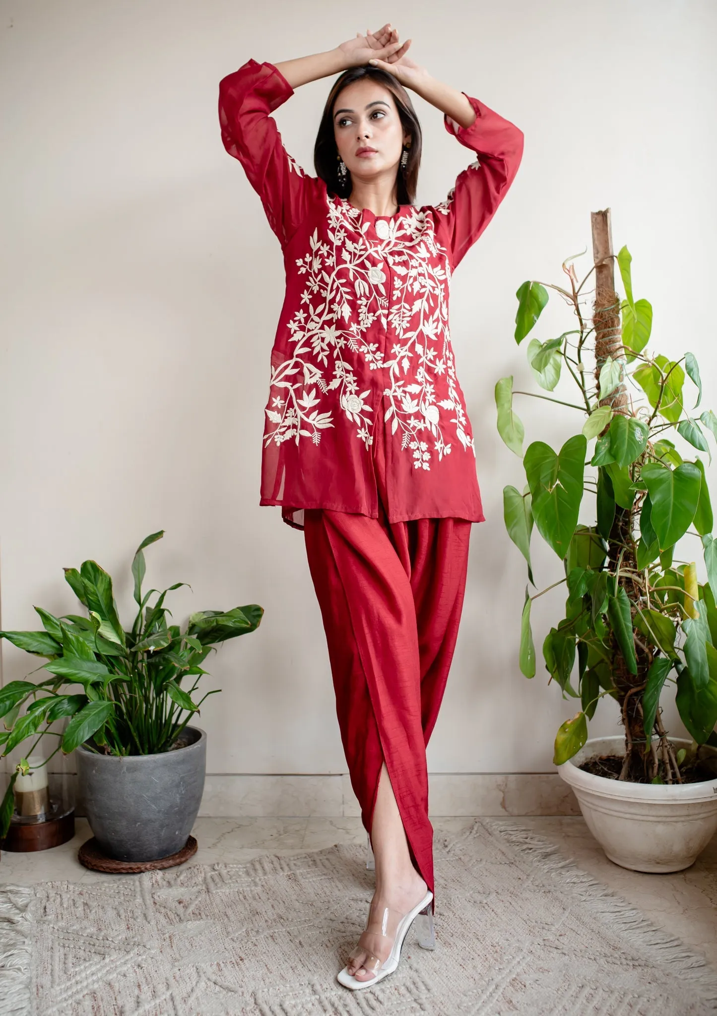 Red Organza Parsi Embroidery Tunic & Dhoti Pant Co-Ord Set