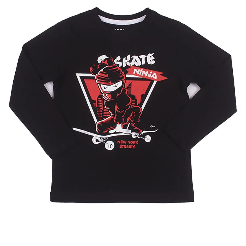 REDTAG Black Graphic T-Shirt for Boys