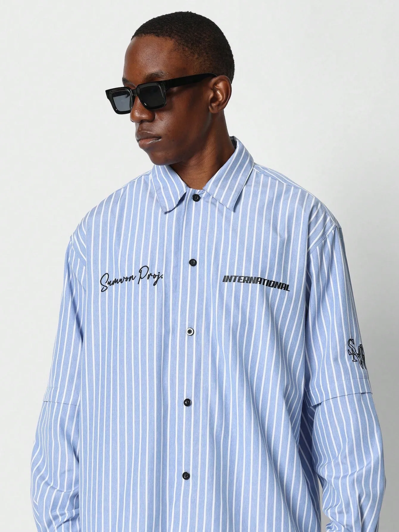 Regular Fit Double Layered Sleeve Pinstripe Shirt With Graphic Print