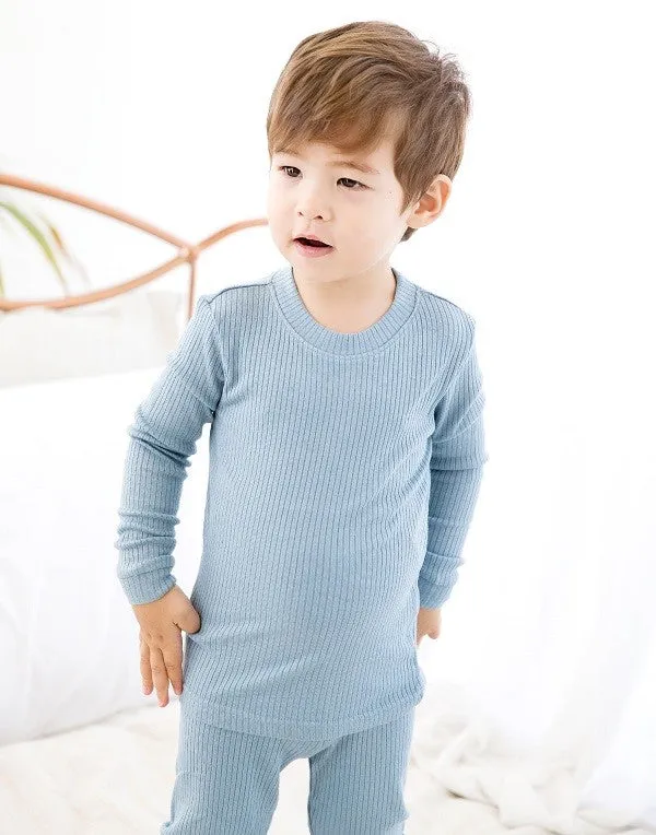 Rib Knit Blue Long Sleeve Pajama