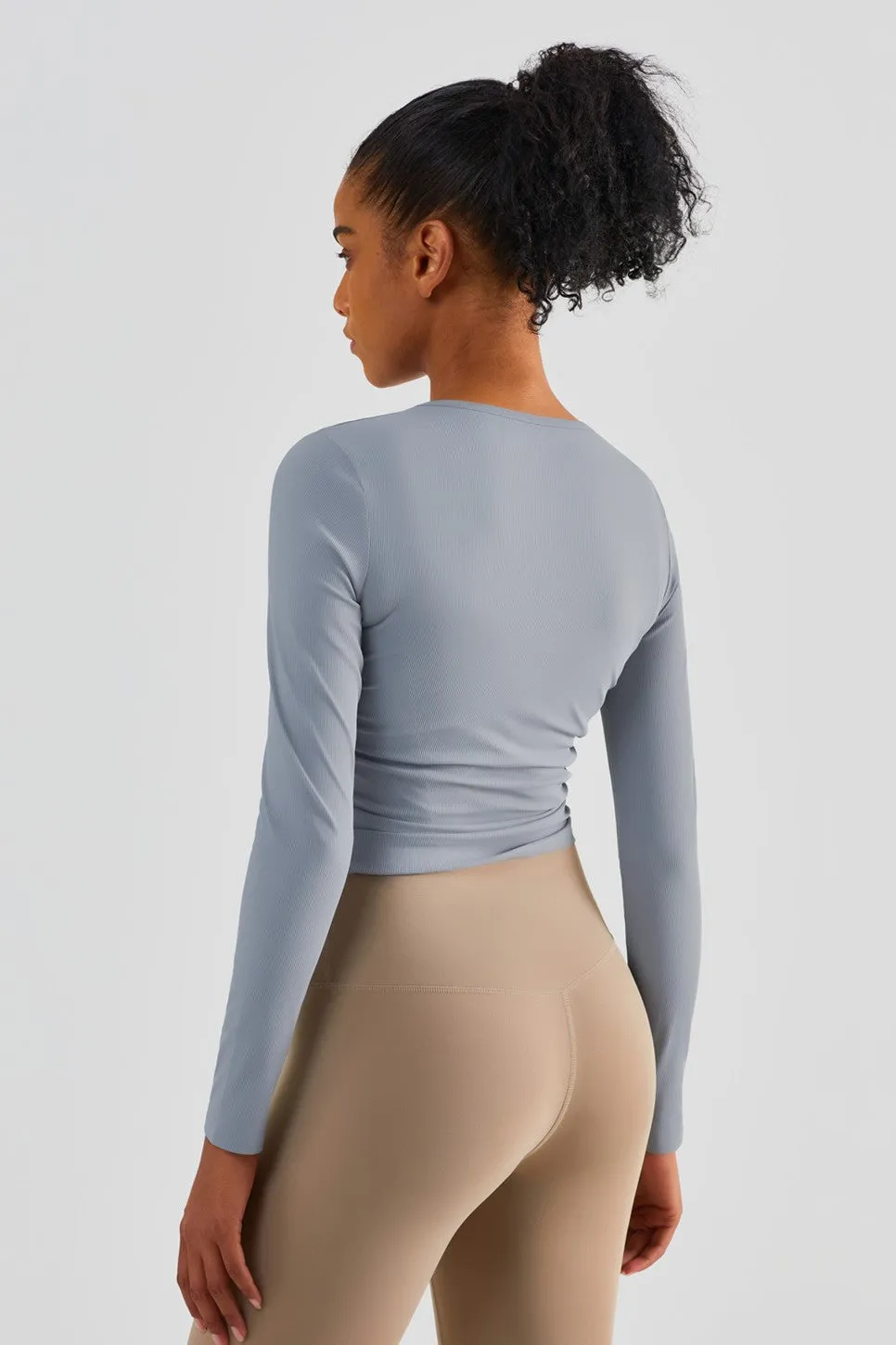 Rib Knit Side Ruched Long Sleeve Top