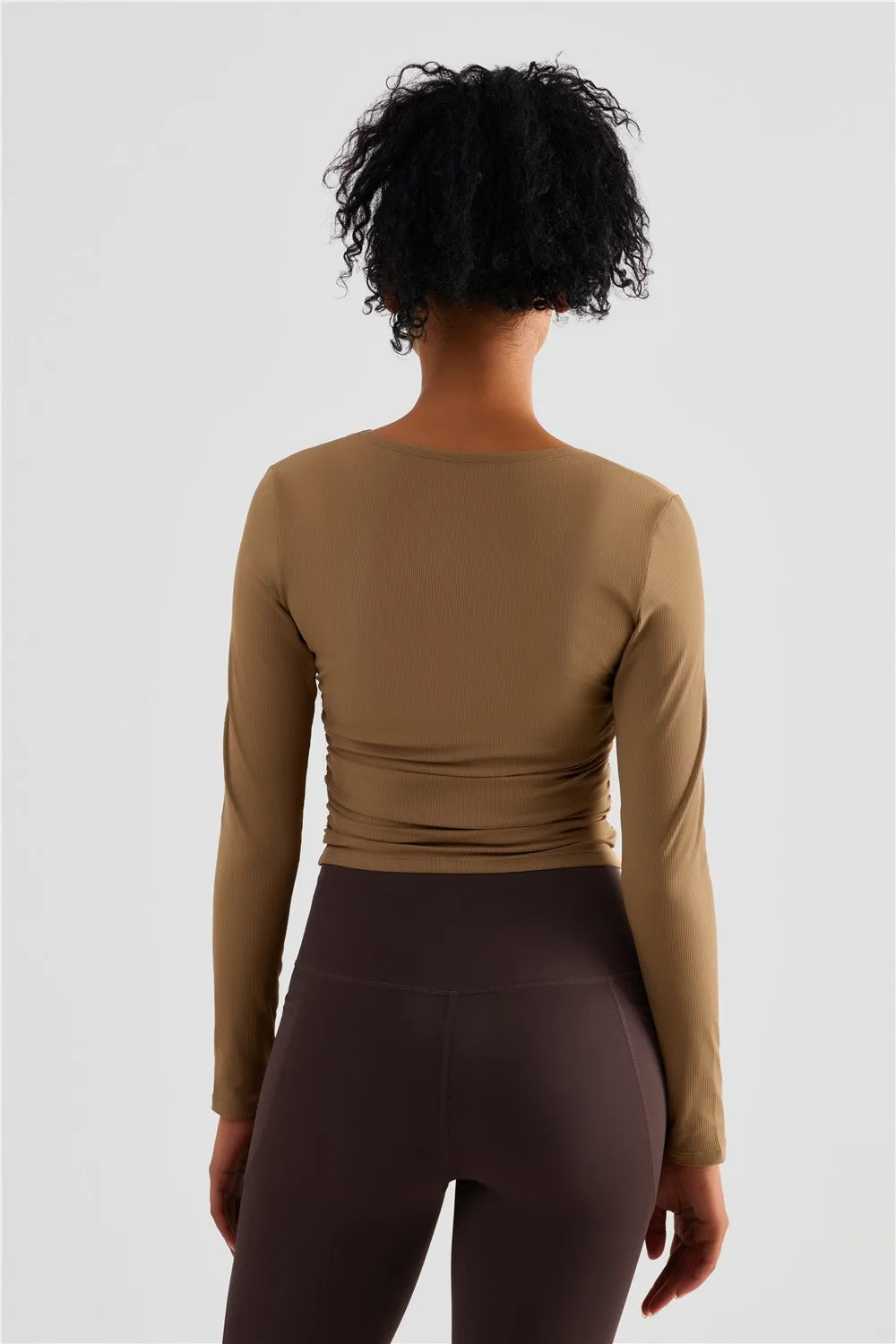 Rib Knit Side Ruched Long Sleeve Top