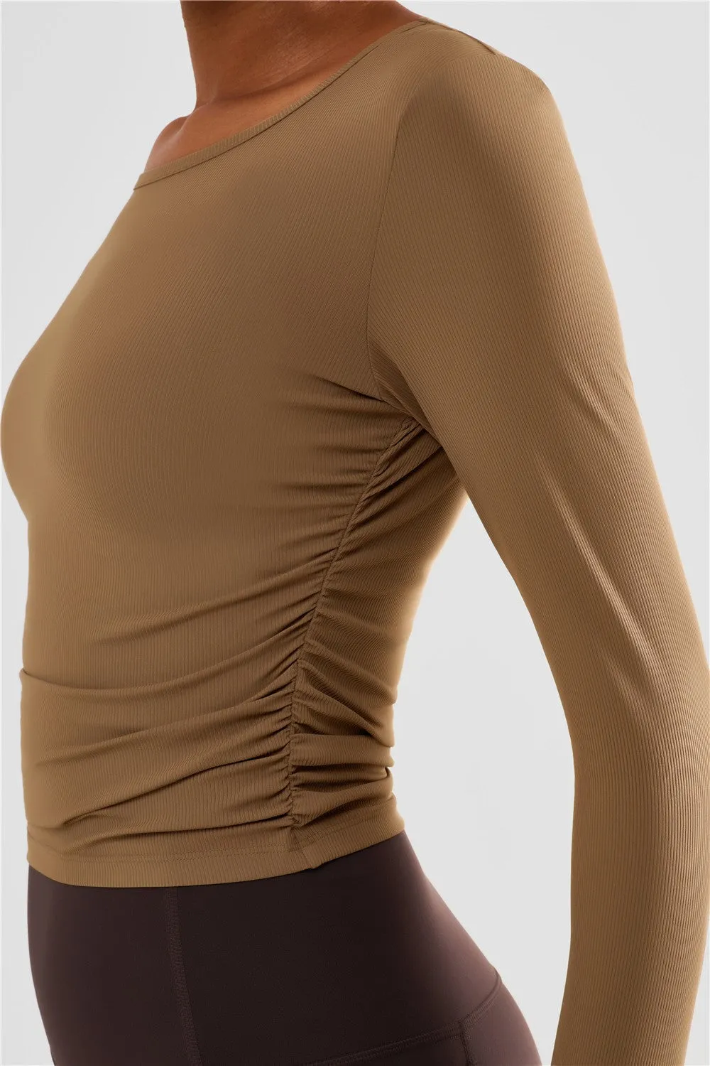 Rib Knit Side Ruched Long Sleeve Top