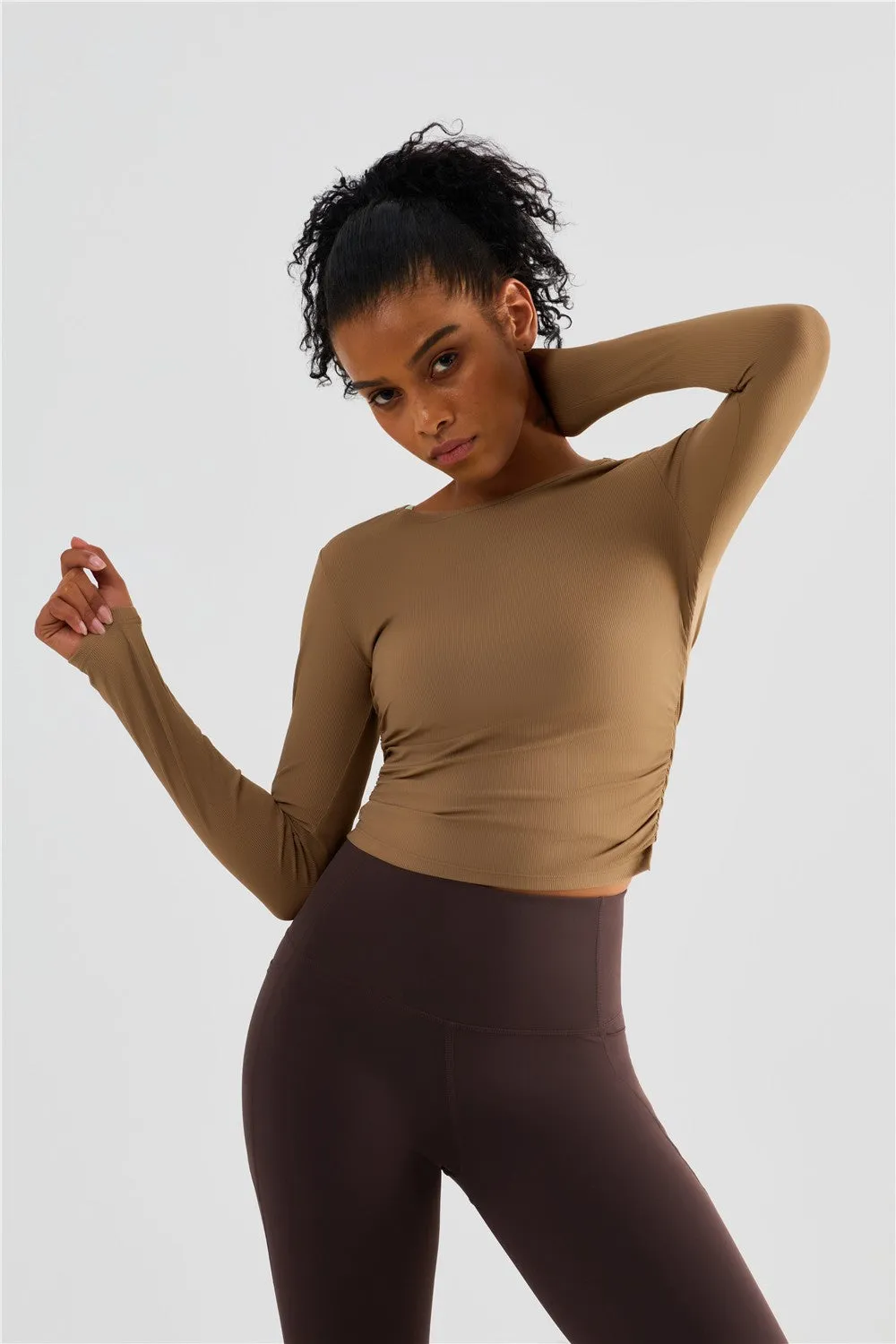 Rib Knit Side Ruched Long Sleeve Top