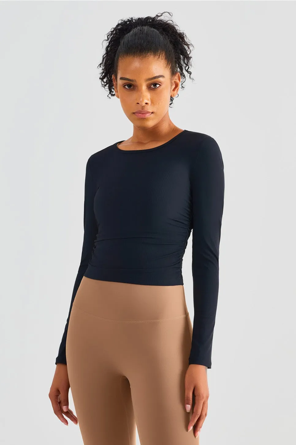 Rib Knit Side Ruched Long Sleeve Top