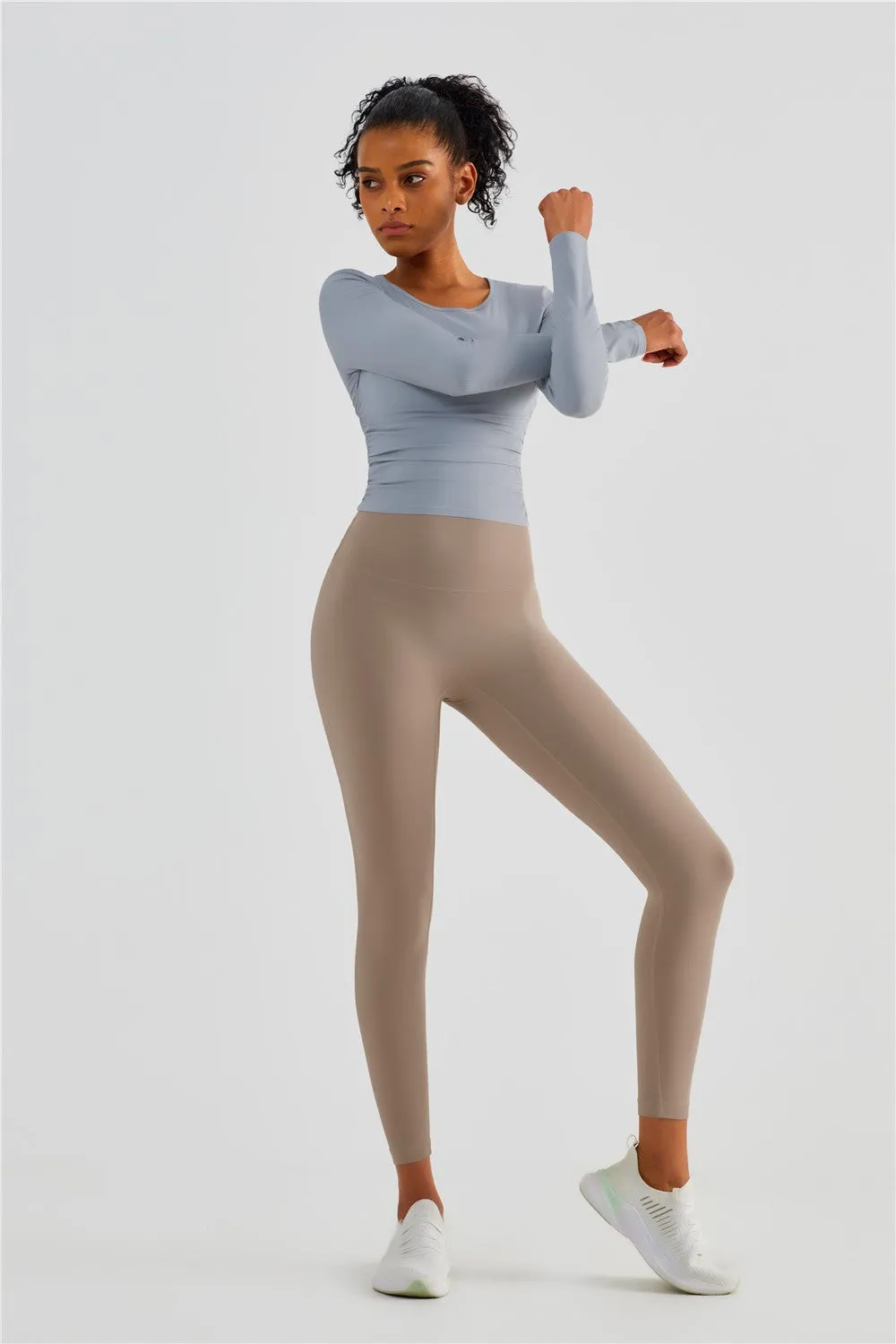 Rib Knit Side Ruched Long Sleeve Top