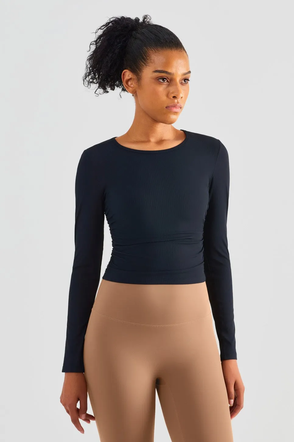 Rib Knit Side Ruched Long Sleeve Top