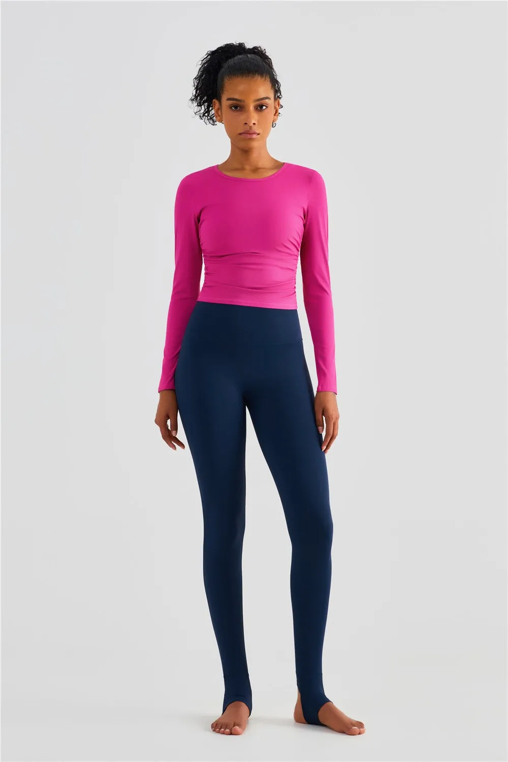 Rib Knit Side Ruched Long Sleeve Top