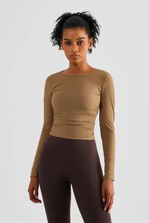 Rib Knit Side Ruched Long Sleeve Top