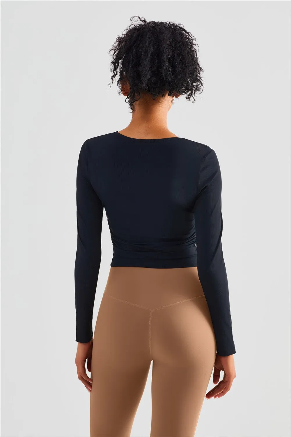 Rib Knit Side Ruched Long Sleeve Top